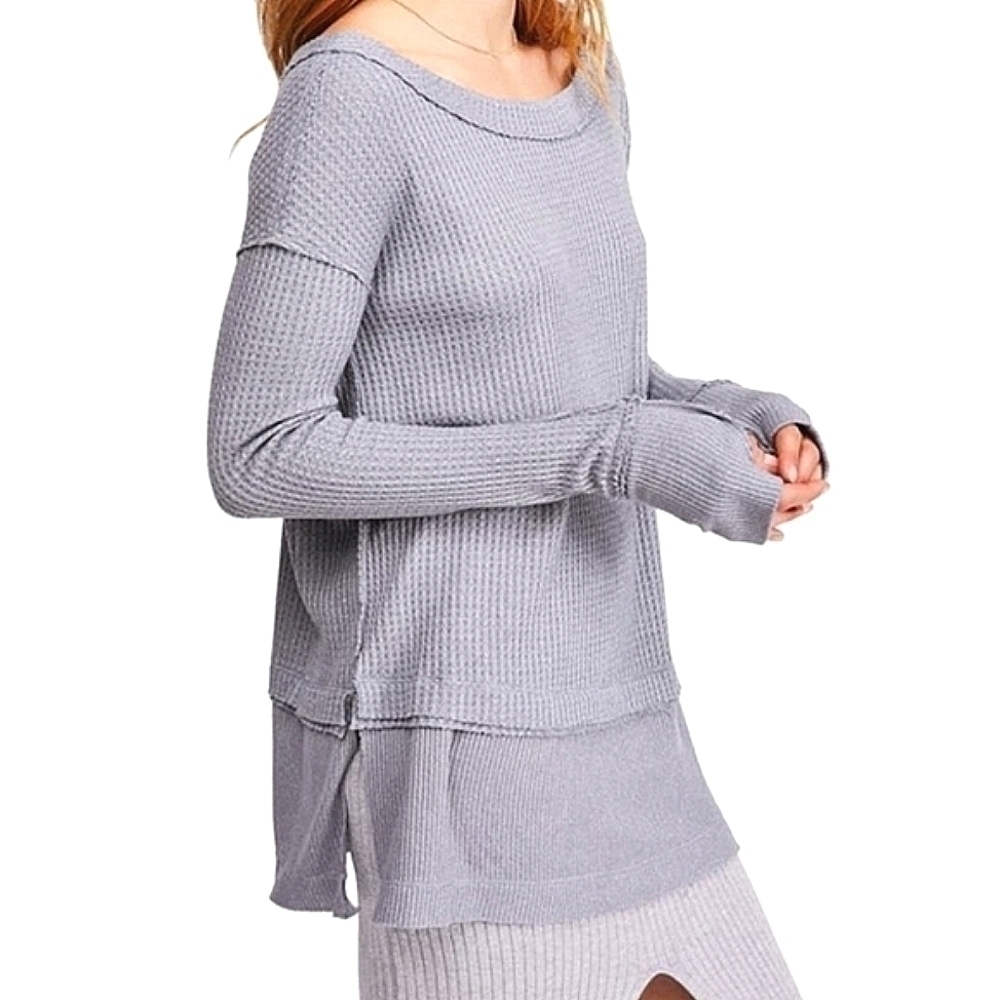 Free People Waffle-Knit Gray Thermal Tunic Top